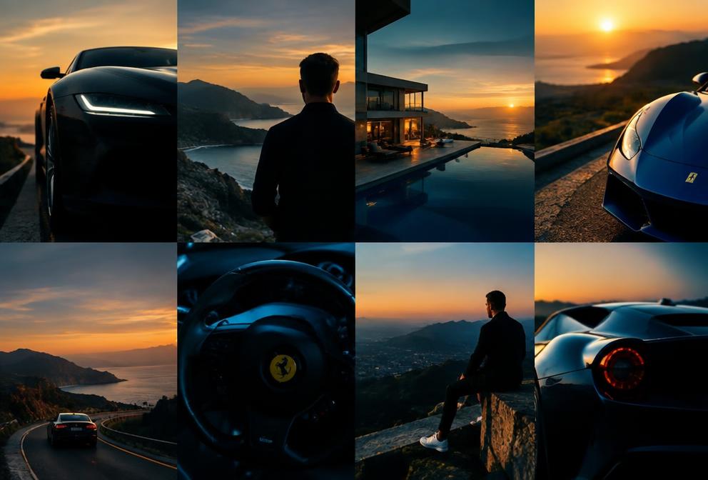 Clipes motivacionais de carros e paisagens ao pôr do sol