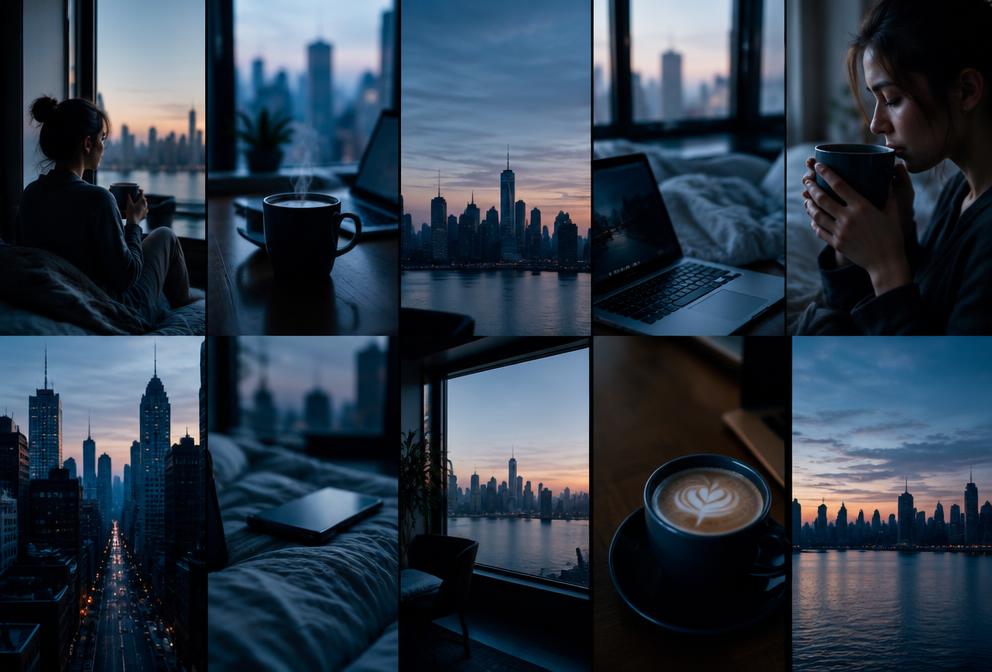 Clipes de rotina — café, laptop e cidade ao amanhecer